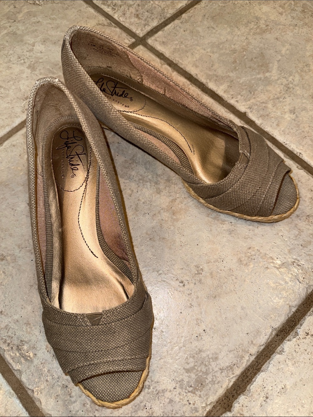 Life Stride Taupe Canvas Peep-Toe Espadrilles